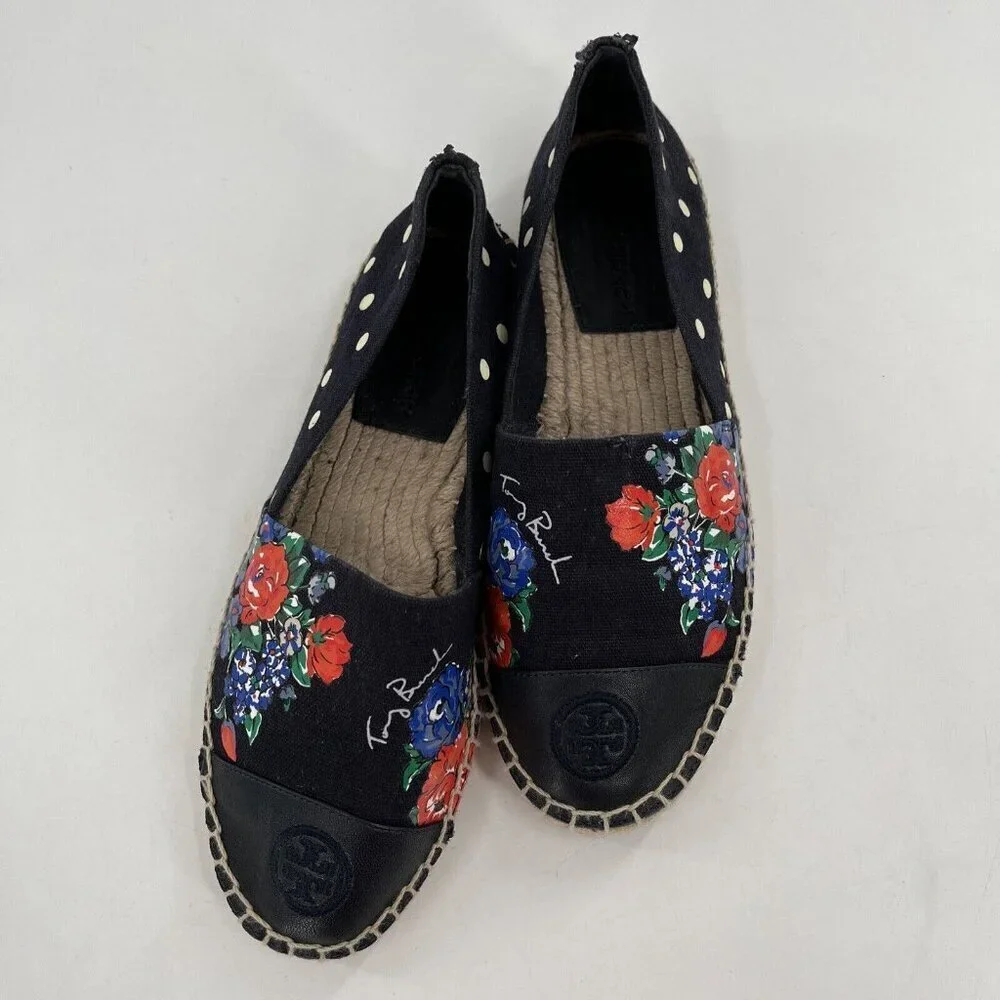 Tory Burch NAVY TEA ROSE Classic Dot‎ FLAT ESPADRILLE Slip On Size 6.5